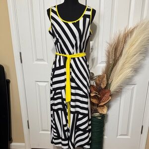 J.B.S. Black and White Midi Dress with Yellow Belt